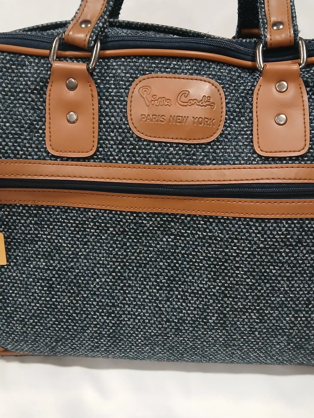Vintage Pierre Cardin Tweed Weekender Duffel Travel Bag Blue Tan Leather Trim